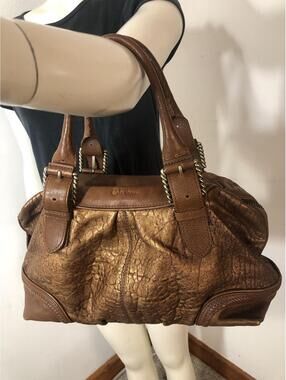 Cole Hahn Brown Leather Satchel Purse Buckles Zip Close Metallic Snakeskin